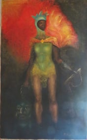 Queen of the Night, Large Size Oil Painting on Canvas, Signed, 1980s