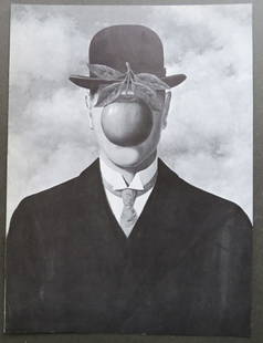 Rene Magritte, The Son of Man, Litho Art Print 1985: "The Son of Man" (detail) by Rene Magritte, vintage monochrome (b/w) lithographic print by Taschen 1985 after the original oil painting. The litho is c. 8.1/2" x 11.3/4" [21.6cm x 30cm]; no margins,