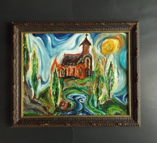 Landscape with Church, Expressionism, Oil Painting on Paper, 1980s, Framed
