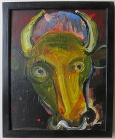 Bull, Oil Painting on Board, 1990s, Framed