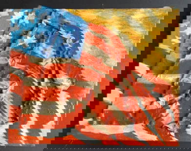 US Flag, Pop Art, Painting, Mixed Media on Canvas, 1950s: "US Flag", mixed media on stretched canvas, the attached 'flag' canvas is not soft, it is apparently hardened with glues and varnishes; 1950s-1970s, Pop Art Rauschenberg style, unsigned. The artwork i
