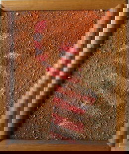 Standing Straight, Sept.-Oct. 2001, Mixed Media on Canvas, Signed 2001, Framed: "Standing Straight: Sept.- Oct. 2001", by Vadim Moroz, painting on stretched canvas, mixed media, signed and dated, 2001 on the back, in wooden frame. The artwork is 9.5/8" x7.5/8" [24.4cm x 19.3cm],