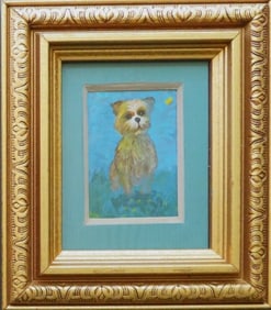 Victor Moreau, Dog & Yellow Butterfly, Acrylic Painting on Board, 1990s, Framed