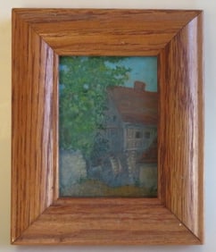 Old Water Mill, Miniature Landscape, Oil Painting on Board, Framed. 1980s