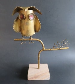 Owl On A Branch, Vintage Brass Art Sculpture on Stone Base, 1980s