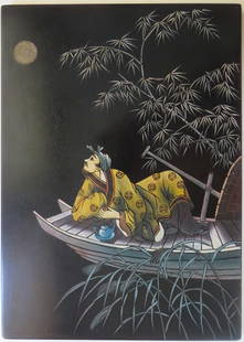 Poet & The Moon, Vietnamese Lacquer Painting, 1960s: "The Poet and the Moon", vintage lacquer painting picturing a man in his traditional yekkow-brown kimono on a boat looking at the moon, signed on back "xi nghiep my ngh-xuat Khau Saigon, made in Vietn