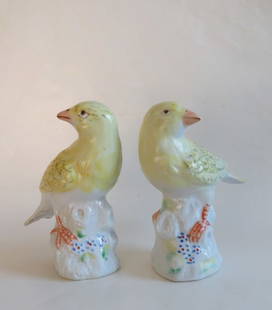 Set of 2 Antique Meissen Style Canaries, Bird Porcelain Figurines, 1920s: Set of two [2] antique yellow canary bird figurines, Meissen style, nicely modeled and hand painted and a little more colorful and detailed; they look backwards. The birds are sitting on top of a tree