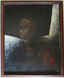 Portrait of Sartre, Surreal Oil Painting on Canvas, Signed, 1970s, Framed: "Portrait of Sartre" by Vadim Moroz, larger size surreal oil painting on stretched canvas, signed in front & on back, 1970s, in vintage wooden frame. The painting is 20" x 16" [50.8cm x 40.6cm]; frame