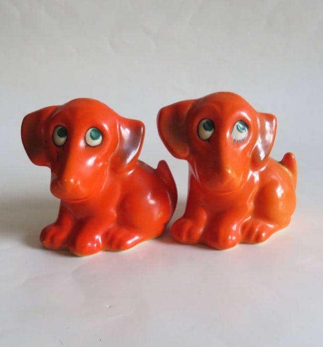 Set,  German Art Deco Dog Salt & Pepper Shaker, Hand Painted Porcelain, 1930s (1 of 9)