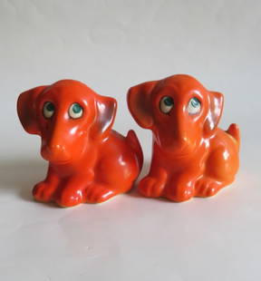 Set,  German Art Deco Dog Salt & Pepper Shaker, Hand Painted Porcelain, 1930s: Vintage Art Deco style set of two [2] dog salt and pepper shaker, hand painted orange colored porcelain, both shakers are marked on the bottom, "Germany" & "2", 1930s. The shakers are is 2.3/4" [7cm]