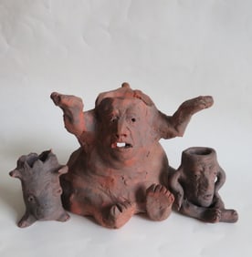 Lot, 3 South American Style Pottery, 2 Clay Smoking Pipes & Incense Burner Figurine