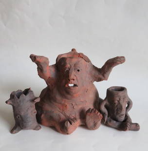 Lot, 3 South American Style Pottery, 2 Clay Smoking Pipes & Incense Burner Figurine: Lot of three [3] hand made South American style pottery items: two hand made tobacco smoking clay pipes and one pottery sculpture, figurine, probably an incense burner or tea candle holder; Folk Art,