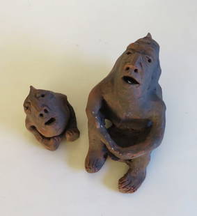 Lot of 2 South American Clay Incense Burner Figurine, Pottery: Lot of two [2] hand made South American style pottery sculptured figurines, probably an incense burner; Folk Art, estimated mid-late 20th century. The bigger incense figure is c.3.1/8" [8cm] tall, c.2