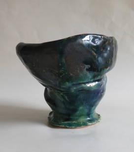 Small Abstract Ceramic  Art Vase, Bowl, Art pottery: Small Abstract ceramic vase / bowl, green and blue glazes outside, iredicent dark silvery glaze inside, artist signed on the bottom, Late 20th - early 21st century. The vase / bowl is 3.1/4" [8.3cm] t