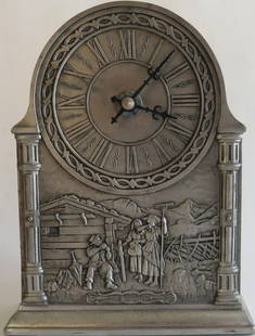 Vintage German Pewter Mantel Clock, Artina SKS Zinn, Battery Operated, 1970s: Vintage German Artina pewter mantel clock, showing Alpine Milk Maids, marked "Die Sennerinnen" on front and "Artina SKS Zinn 25%" on the back, 1970s. The clock runs via AA battery movement and is work
