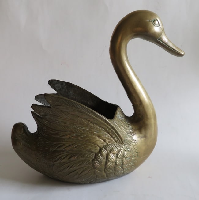 Vintage Large Mid Century Solid Brass Swan Planter, Bowl 1950s (1 of 7)