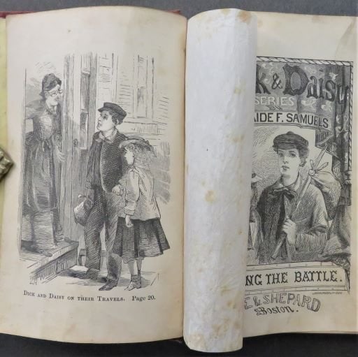 Samuels, Dick & Daisy's City Life, US Ed. 1872, Fighting The Battle, illustrated: "Fighting The Battle; or, Dick And Daisy's City Life" by Adelaide Florence Samuels, illustrated, published by Lee and Shepard, Boston, 1872. [Provenance: inscribed to the student by his teacher N.E. P