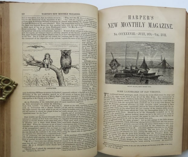 Harper New Monthly Magazine, 1st Ed., Vol. 57 June - Nov. 1878, illustrated: "Harper's New Monthly Magazine, Volume 57, June To November 1878"; Published by Harper & Brothers, 327 to 335 Pearl Street, Franklin Square, New York, 1878; First Edition, illustrated. Hard boards; le