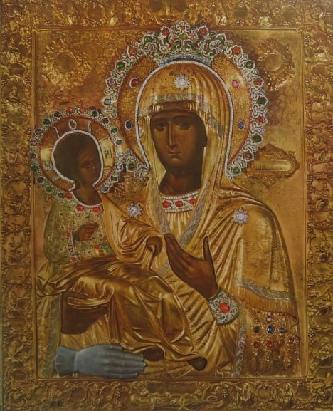Virgin Mary, Trojerucica, Byzantine Icon, Hilander Monastery 8.Cent., 1980s Color Lithograph: "Virgin Mary, Holy Mother of God, Trojerucica", Serbian Byzantine Orthodox icon from the 8. century monastery Hilander, mountain Athos, vintage color lithograph, 1980s, unsigned. The litho size c. 11.