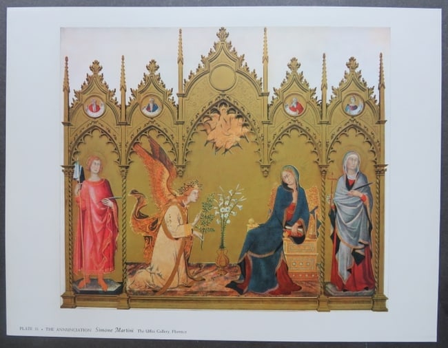 Simone Martini, The Annunciation, Litho Art Print 1950s: "The Annunciation" by Simone Martini, lithographic plate from the portfolio Metropolitan Museum Seminars in Art, published by the Metropolitan Museum of Art in the 1950s. The original artwork is locat