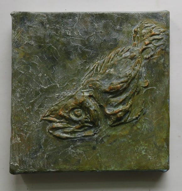 Victor Moreau, Relic, Sculptured Mixed Media on Stretched Canvas, 2000s: "Relic", by Victor Moreau, sculptured surreal art on stretched canvas, mixed media, acrylics, resin, varnished; marked on back, 2000s. The artwork is c.5" x 5" [12.7cm], c.1/4" [1.9cm] thick, very goo