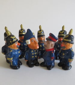Lot 8 Miniature German Ceramic Figurines, Prussian Policemen & King Frederick II, 1980s