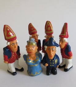 Lot 6 Miniature German Ceramic Figurines, Prussian Guards & King Frederick II, 1980s