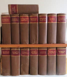 Charles Dickens Complete Works, 15 vol. 1880s Lothrop Ed., illustrated: "Charles Dickens Complete Works", illustrated, published by D. Lothrop and Company, Franklin and Hawley streets, Boston, undated 1880s [before 1887] 15 volumes. Hard boards, brown cloth, marron labels