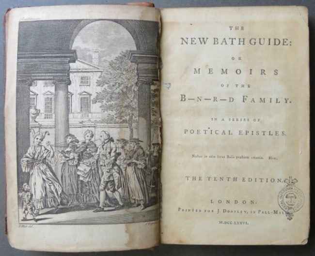 Christopher Anstey, The New Bath Guide, 1776 London Edition, Humoristic: "The New Bath Guide: Or, Memoirs of the B--r--d Family in a Series of Poetical Epistles" by Christopher Anstey, with frontispiece drawn by S. Walde, engraved by Charles Grignion the Elder (1721-1810);