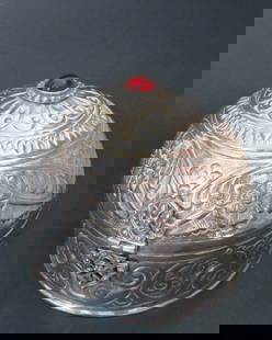 Antique Hand-Crafted Silvery Metal Jewelry Box Mughal Style India 1890s: Antique handmade Mughal style jewelry or trinket hinged lidded box, hand chased and repousse floral decorations, ruby glass drop on top, silver-copper alloy, velvet inside, India, probably late 19th -