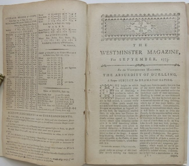 Westminster Magazine Sept. 1773, Comlete with Countess of Albany Engraving: "The Westminster Magazine or the Pantheon of Taste for September 1773, London", printed for W. Goldsmith. Soft cover, plain paper wraps; 5.1/2" x 8.1/2"; the pages are numbered 518-572 [54 pages]; ver