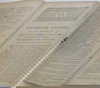 Westminster Magazine Sept. 1773, Comlete with Countess of Albany Engraving: "The Westminster Magazine or the Pantheon of Taste for September 1773, London", printed for W. Goldsmith. Soft cover, plain paper wraps; 5.1/2" x 8.1/2"; the pages are numbered 518-572 [54 pages];