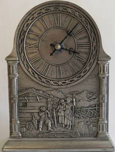 Vintage German Pewter Mantel Clock, Artina SKS Zinn, Battery Operated, 1970s: Vintage German Artina pewter mantel clock, showing Alpine Milk Maids, marked "Die Sennerinnen" on front and "Artina SKS Zinn 25%" on the back, 1970s. The clock runs via AA battery movement and is work