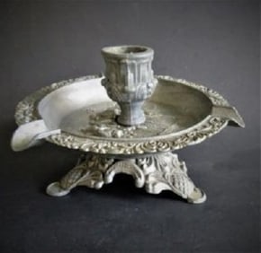 German Pewter Candle Holder with Ashtray Bowl, Wine Makers Scenery, 1970s