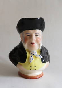 Vintage English Toby Creamer Mug, Hand Painted Pottery, 1900s-1950s: Vintage hand painted Toby creamer, mug, unmarked, England, early-mid 20th century. The creamer is 4.1/4" [10.8cm] tall; 2.5/8" x 2" [6.6cm x 5.1cm] at top; 4.1/2" [11.4cm] wide with the handle, hand p