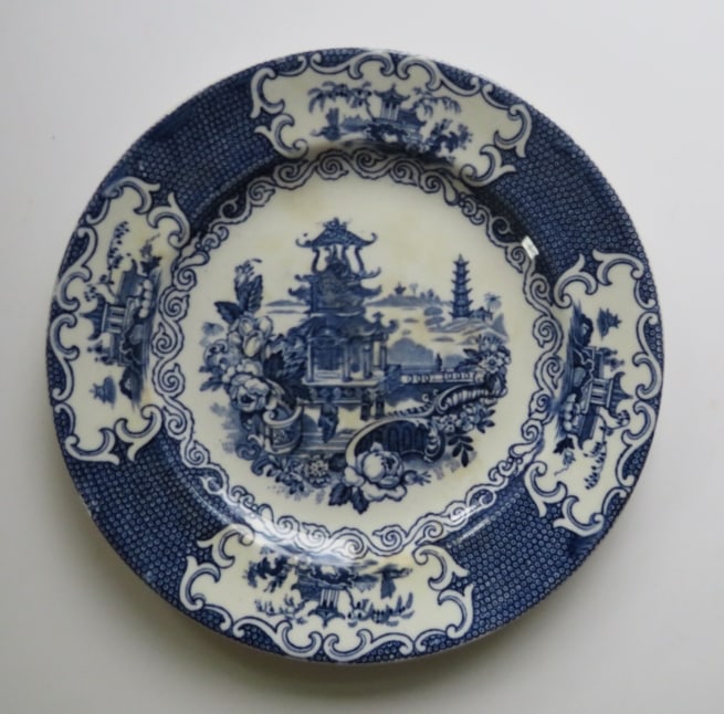 Antique Porcelain Plate, Allertons China, England, 1915-1929: Antique porcelain plate by Allertons, England, Asian Temple or Teahouse Scene. This particular Allertons blue mark was introduced in 1915 and was in use until around 1929. The serving plate, c.7.3/4" 
