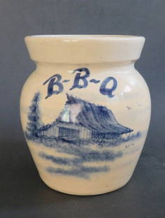 Vintage Paul Storie Pottery, Ceramic B-B-Q Jar, 1970s: Paul Storie B-B-Q Jar, wheel thrown pottery with hand painted cobalt country barn, signed "S.P. '?5" [probably '75] The jar is 6" tall and 4.3/4" across at the top, glazed inside and outside, the bott