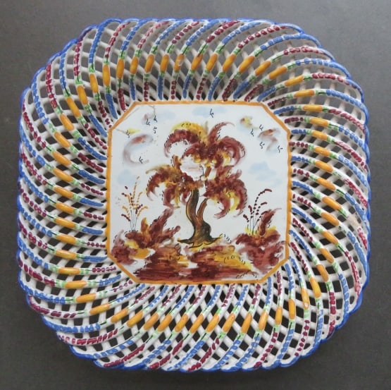 Antique Lattice Weave Hand Painted Spanish Pottery Bowl, (1 of 8)