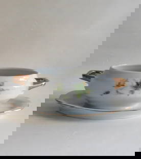 Vintage Small Sauce Porcelain Tureen, 1960s, Royal Crown Mark: Small porcelain sauce container, serving bowl in shape of classic tureen with plate underneath [one piece], golden porcelain mark "Royal Crown" and number, Arnart, 1960s. The bowl is c.5.1/2" x 3.1/2"