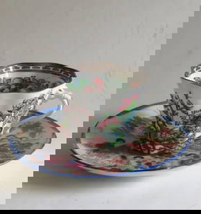 Antique English Coalport Porcelain Tea Cup & Saucer, 1891-1920s: Antique lot of two [2] pieces: fine porcelain tea cup "Indian Tree" marked by Royal Coalport, England. This particular mark was in use 1891-1820. Antique saucer with Japanese Geishas and landscape, un