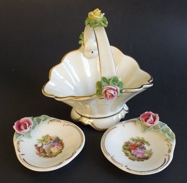 Set of 3, Saxon Dresden Porcelain, 2 Jewelry Trays, 1 Basket, 1950s (1 of 16)