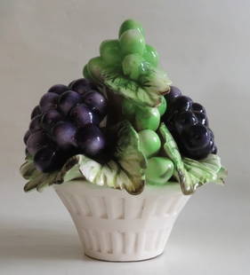 Vintage Porcelain Basket with Grapes Centerpiece, Italian Baroque: Vintage Basket with grapes, vintage / antique hand painted porcelain centerpiece for dining room table or kitchen decoration, unmarked, Italian Baroque style. The piece is c.6" [15cm] tall, 2" [5cm] a