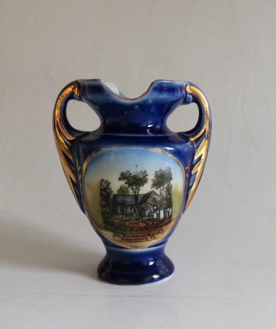 Antique Novelty Blue-Gold Porcelain Vase, Old Blandford Church, Petersburg, VA, 1910s: Antique small novelty cobalt blue and gold vase with the motif of "Old Blandford Church, Petersburg, VA", marked "Made in Germany for R.G. Woolwork ...?", c.1910s. The vase is 3.1/2" [8.9cm] tall; c.2