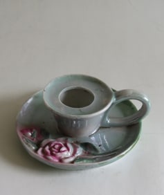 Vintage German Porcelain Candle Holder with Pink Rose Flower