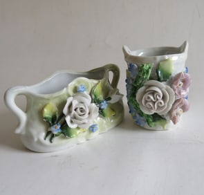 Lot of 2 small German Porcelain Vases, Rococo Style Rose Flowers, 1920s