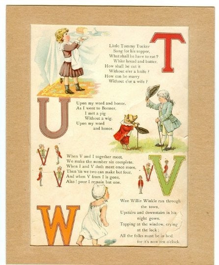 Alphabet Letter, Drawing, Jingles, Poetry, Original Color Lithograph, 1891: Antique genuine 1891 litho. Alphabet Letter, Drawing, Jingles, Poetry, Original Color Lithograph. Original book page of the Alphabet letters "T, U, V, W", drawings, jingles, poetry. The page is c.5.3/