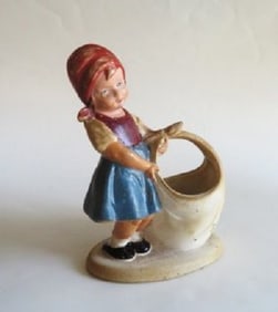 Antique German Hand Painted Bisque Victorian Girl Figurine with Basket, Vase 1900s