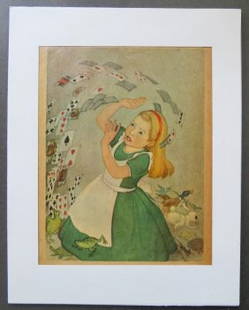 Marjorie Torrey, Flying Cards, Original 1955 Plate from Alice in Wonderland: "Alice and Flying Deck of Cards" by Marjorie Torrey, original plate from "Alice in Wonderland" published by Random House in 1955. [The plate comes from a completely wrecked 1955' book]. The picture