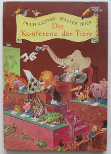 Kaestner, Konferenz der Tiere, Animals' Conference, German Ed., illustrated by Trier: "Die Konferenz der Tiere" [Animals' Conference] by Erich Kaestner, nach einer Idee von Jella Lepman; illustrated by Walter Trier. Published by Fackeltraeger Verlag, Schmidt-Kuester GMBH, Hannover.