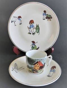 German 1950s Set of 3 Tom Thumb Children Porcelain, Cup, Saucer & Plate: Set of three [3] pieces: Vintage German Tom Thumb children's porcelain plate and saucer marked by "PMR Bavaria Jaeger & Co., Germany", 1950s. Children's demitasse cup with a hand-painted house and